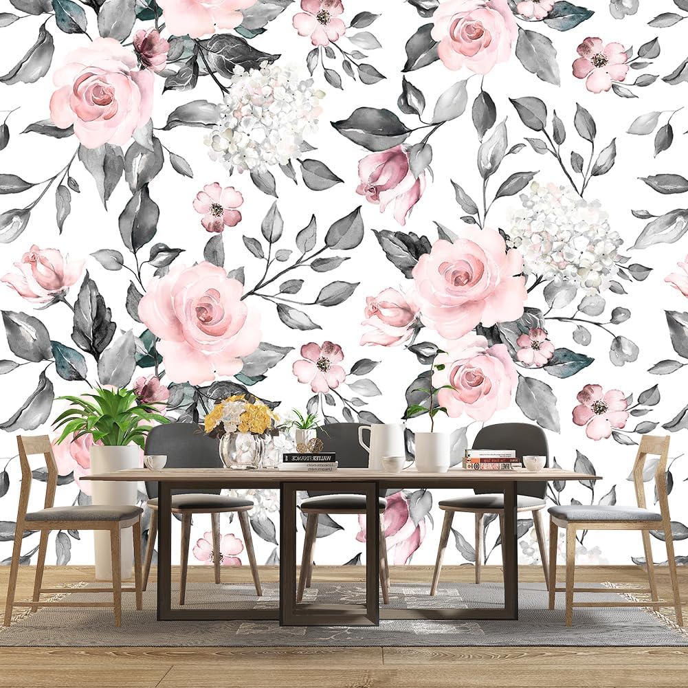Grey Leaf Pink Flowers Mural Bedroom Floral Wallpaper Room Decor Living Room tv Background Large Wall Mural - 183"x120" (Not Peel and Stick)