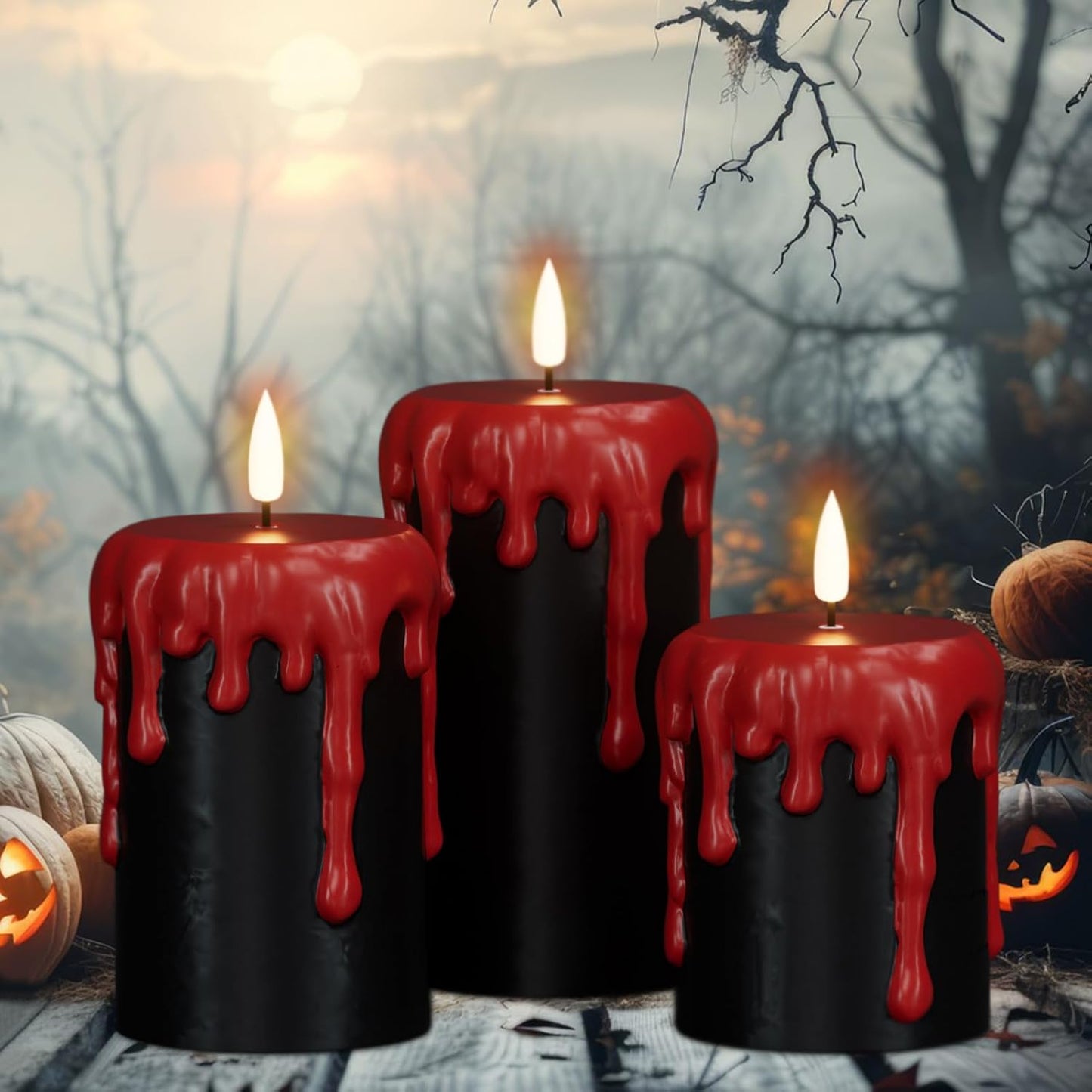 Wondise Halloween Flameless Candles with 6H Timer, Battery Operated Dripping Real Wax Black LED Pillar Candles 3D Wick Flickering Spooky Halloween Indoor Decoration (3 Pack, 3 x 4,5,6 Inches)