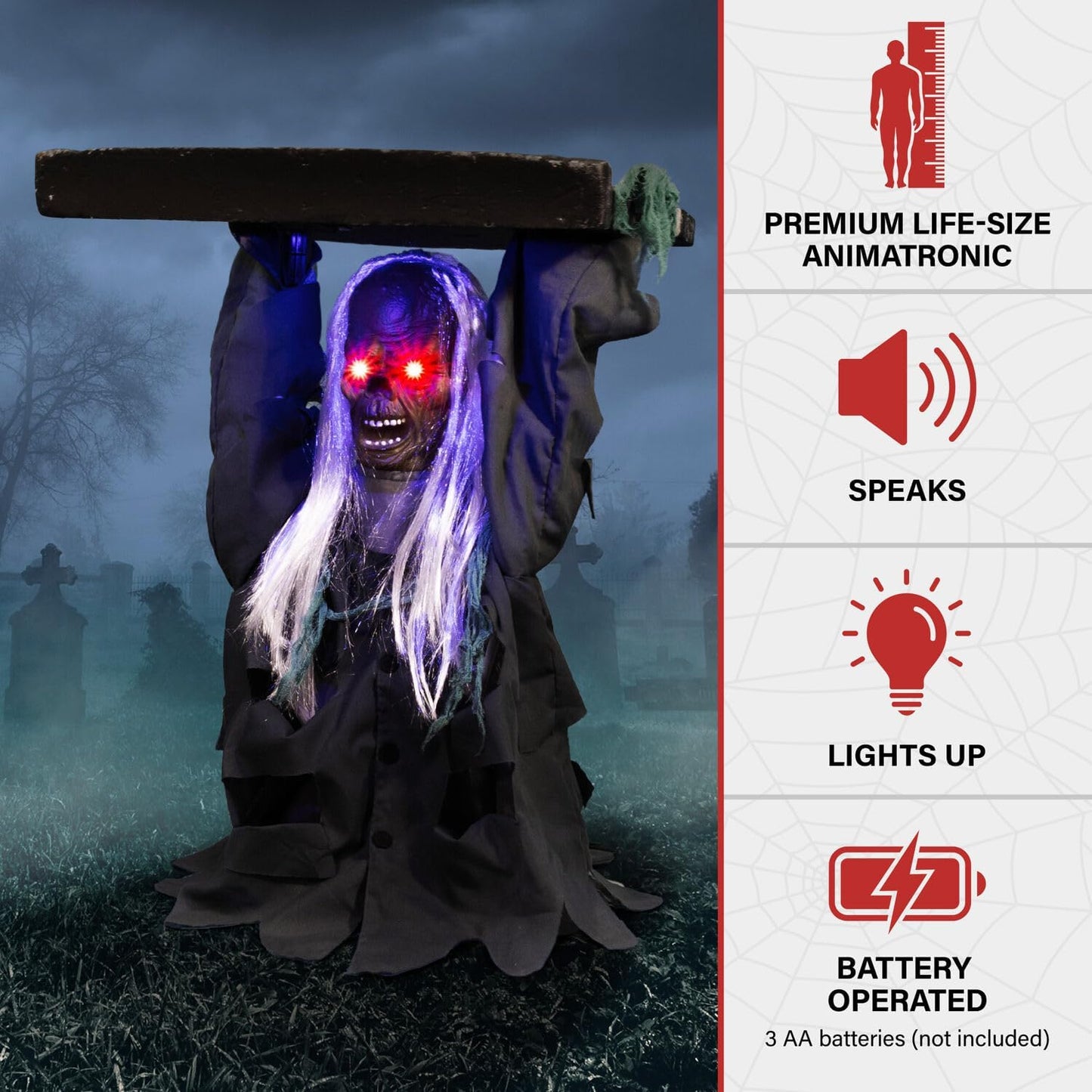 Haunted Hill Farm Tombstone Lifter by Tekky, Battery-Operated, Sound Activated Animatronic Zombie with Sound Effects and Lights for Indoor or Covered Outdoor Creepy Halloween Decoration