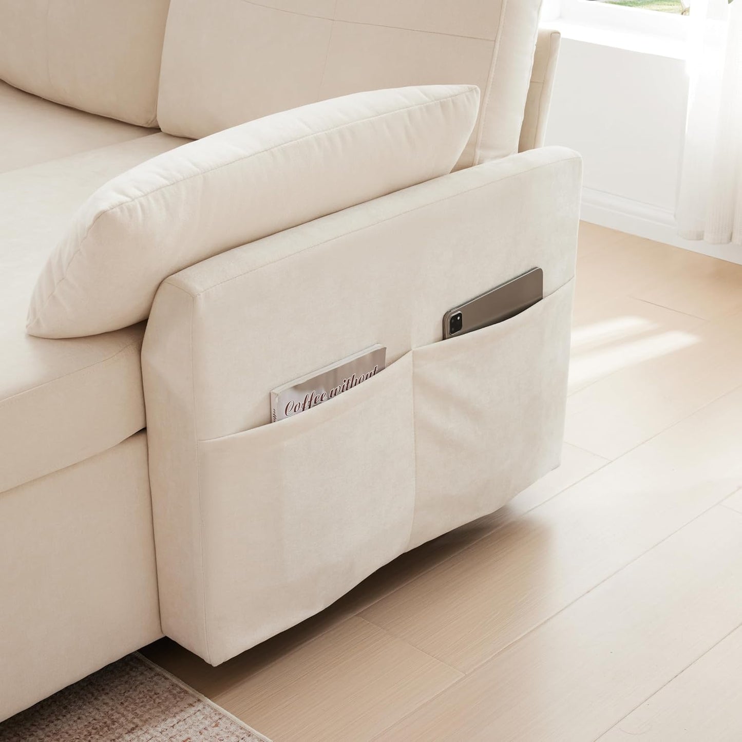 Waxberry Sectional Sofa Couch, Pull Out Couch Sleeper Sofa Bed with Storage for Living Room, Reversible Chaise, Side Pockets & Dual USB/Type-C Ports, Beige