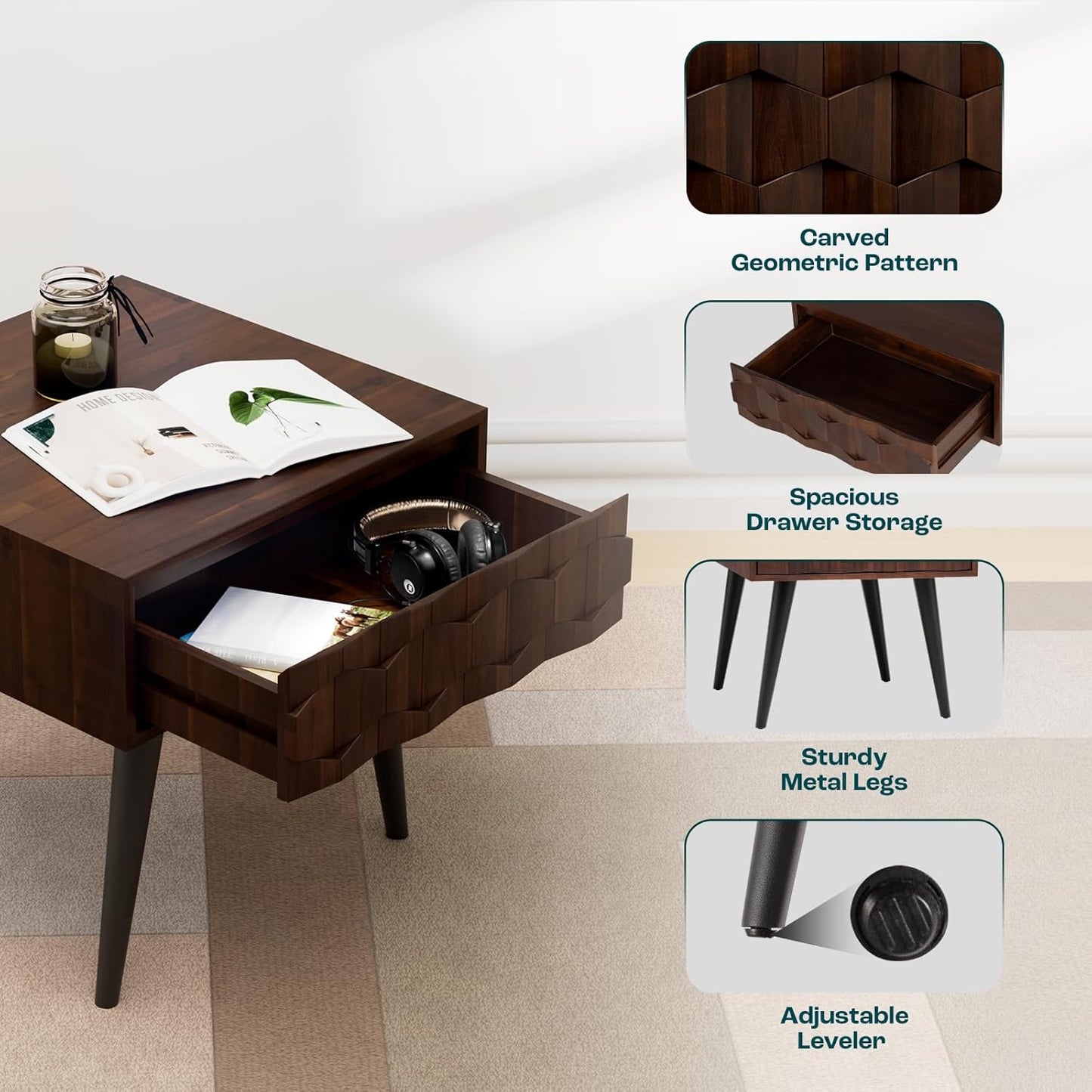 Bme Georgina Solid Wood Nightstands with Drawers - Fully Assembled Rustic Geometric Pattern Bedside Cabinet - Mid Century Modern Side Table for Living Room, Bedroom