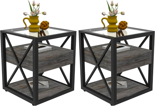 Farmhouse End Table Set of 2, Modern Side Table with Drawer&3-Tier Storage Shelf, Square Rustic Nightstand, Accent Tea Table, for Bedroom Office Living Room, Grey, Natural Wood, Glass, Metal