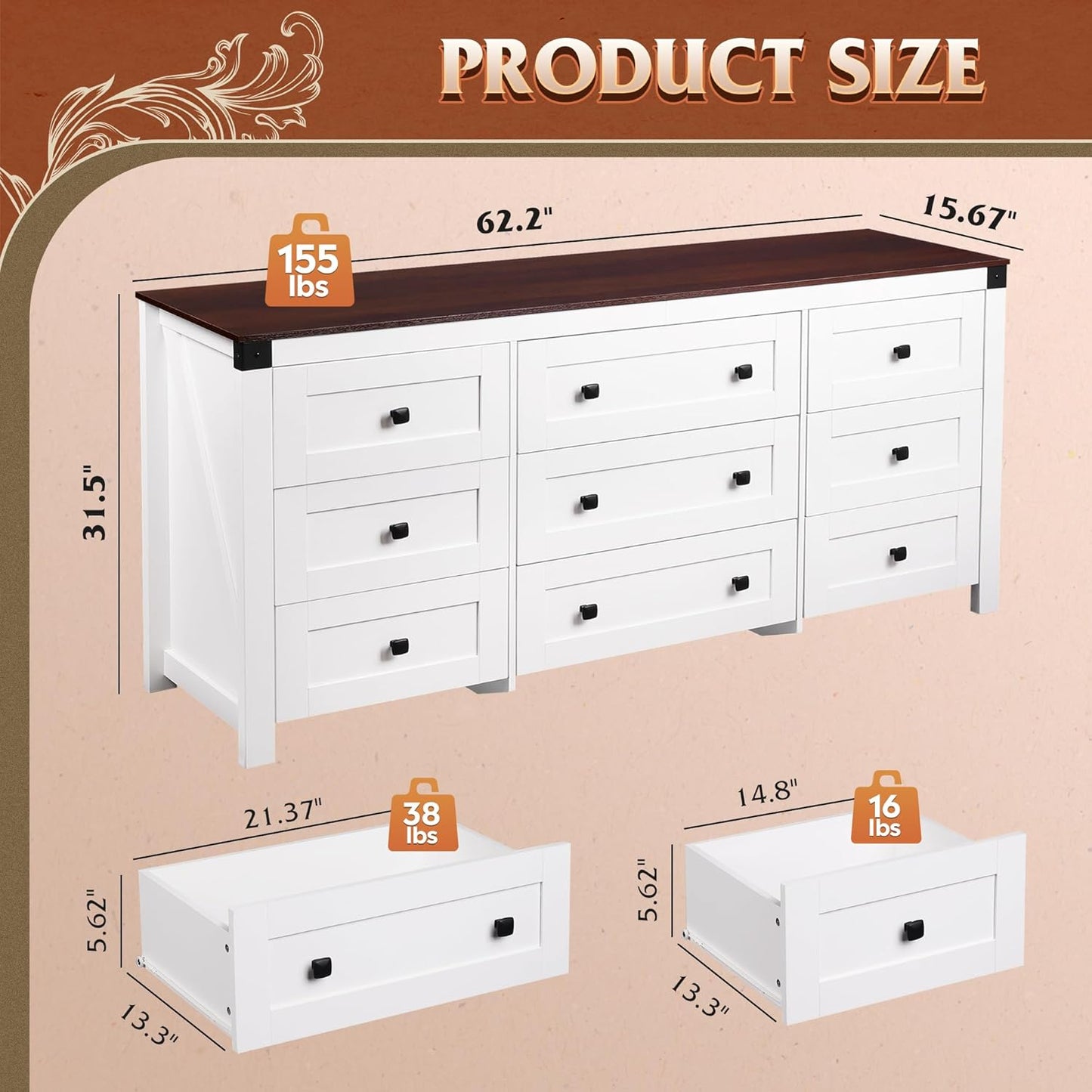 WLIVE Farmhouse Dresser for Bedroom, 63" Wide 9 Drawer Dresser Storage Organizer, Wood Chest of Drawers for Bedroom, TV Stand for 70 inch TV, for Living Room, Hallway, Ball Bearing Slide (White)