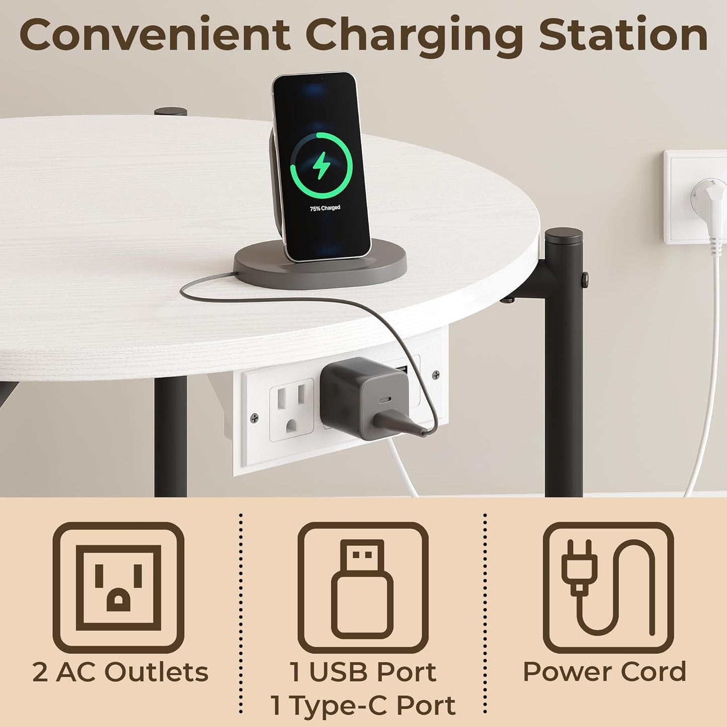 LIKIMIO Side Table, 23.6" W Round End Table with Charging Station, Modern Wooden Nightstand for Small Spaces, Living Room, Bedroom, White