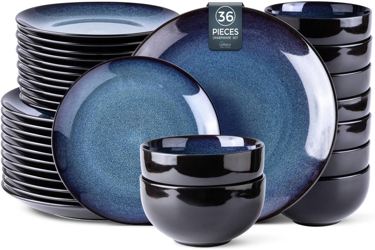 LERATIO Ceramic Dinnerware Sets for 12, 36 Pieces Plates and Bowls Sets, Reactive Glaze Dishes -Scratch Resistant, Dishwasher&Microwave Safe&Oven Safe