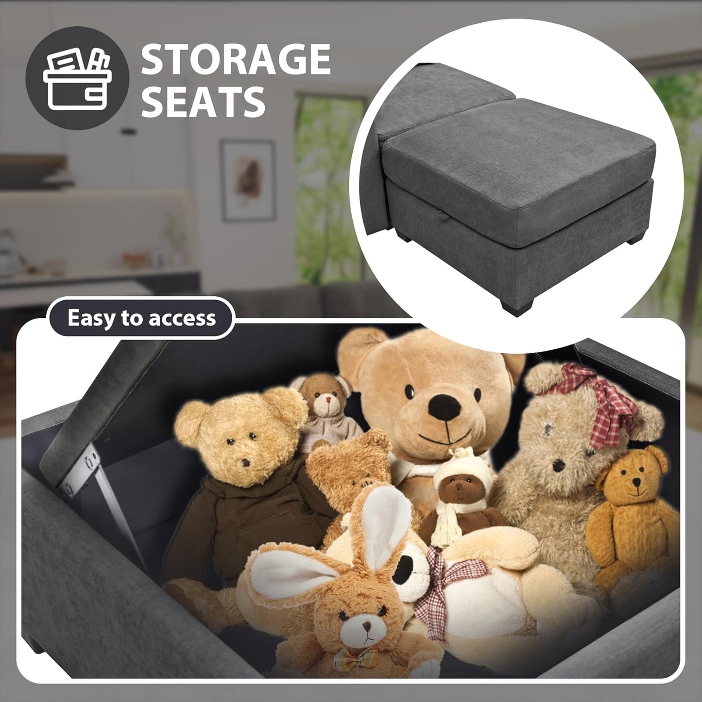 mestyl Modular Sectional Sofa Convertible L Shaped Sofa Couch Set with Storage for Living Room, Modern 3 Seater Modular Sectional Couch with Movable Ottoman (Grey)