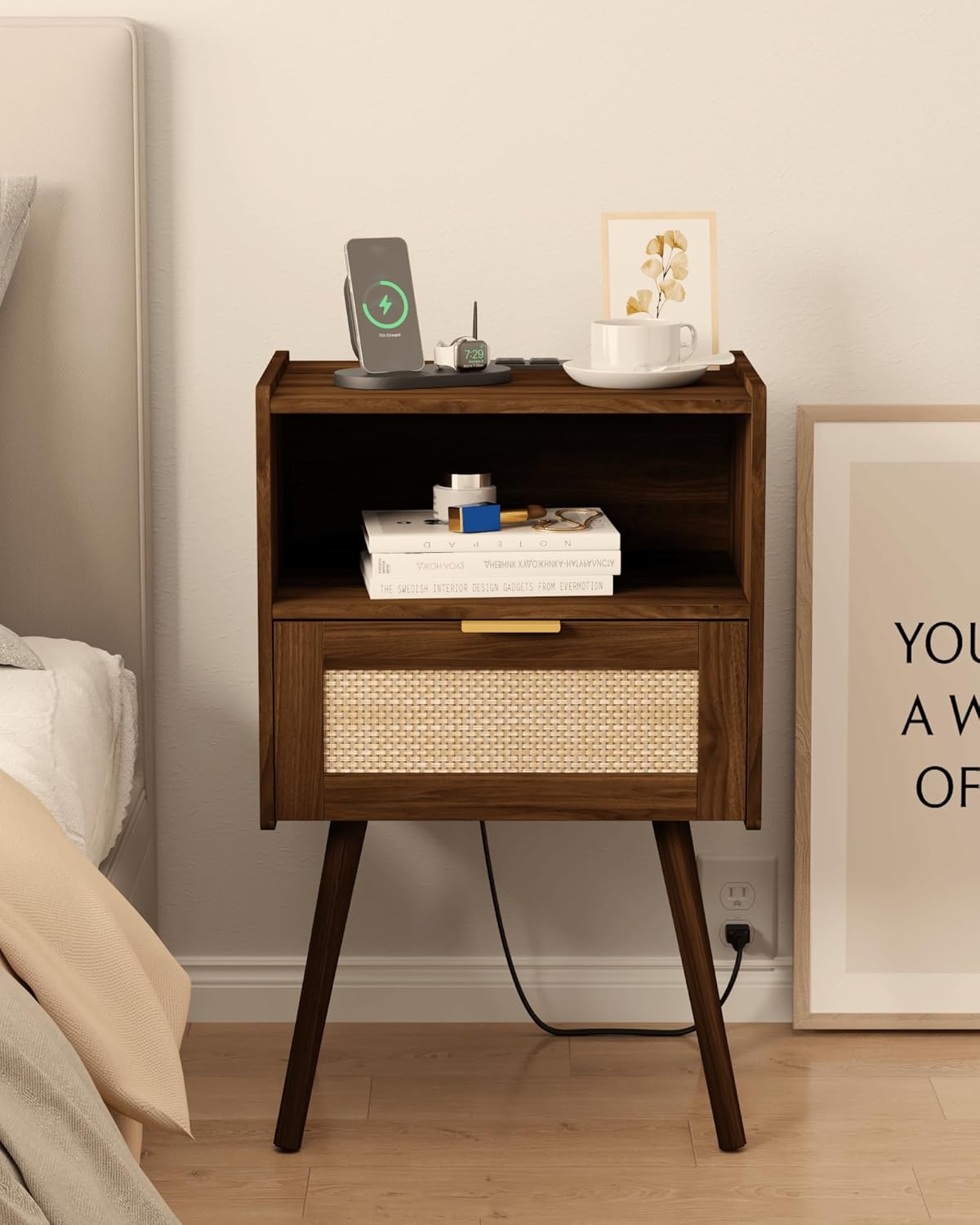 Rattan Nightstand with Outlet,Modern Bedside Table with Storage Drawer and Open Wood Shelf, for Living Room, Bedroom and Small Spaces, Accent Night Stand with Solid Wood Legs,Walnut Brown