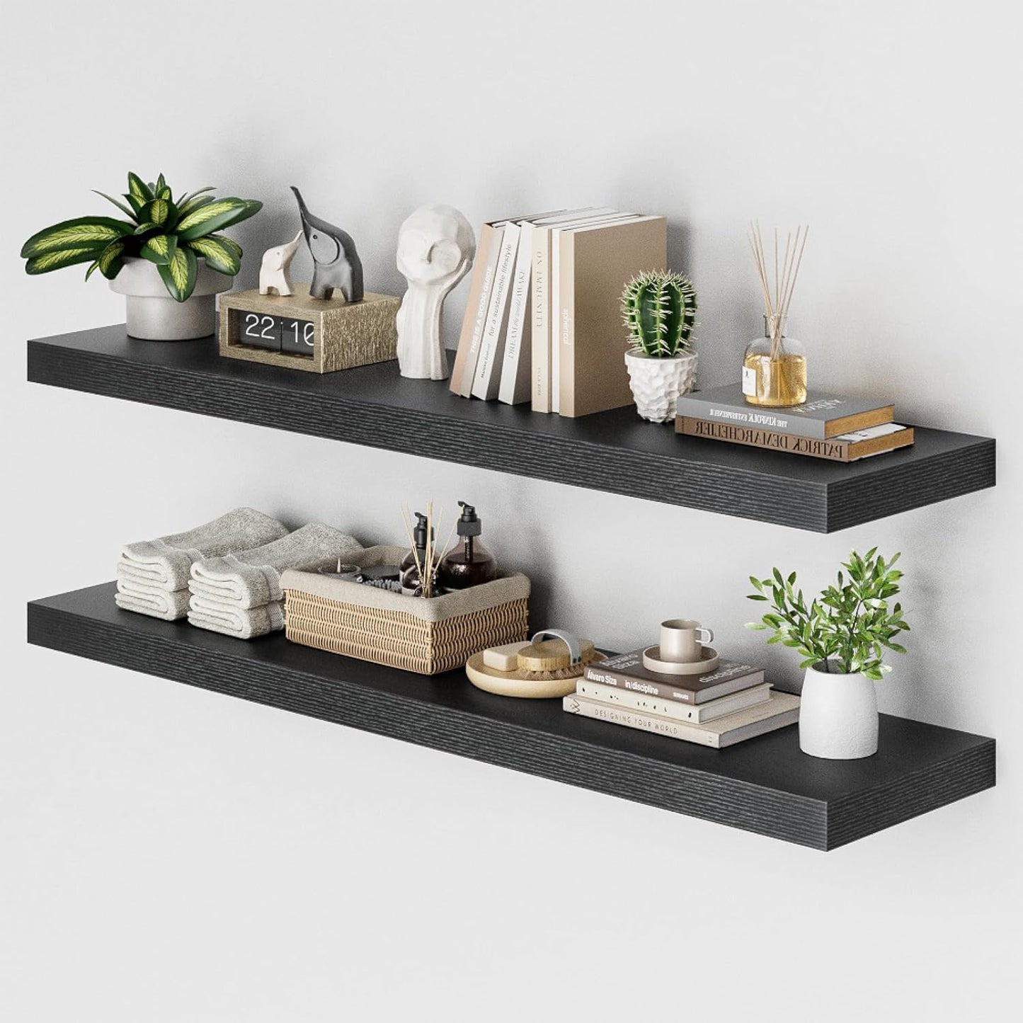 Heimlove 48W x 12D Long Floating Shelf, 12 Inch Deep Black Floating Shelves for Wall Set of 2, Wood Shelves for Bedroom Living Room Bathroom Kitchen Home Office, Wall Shelves with Heavy Duty Bracket