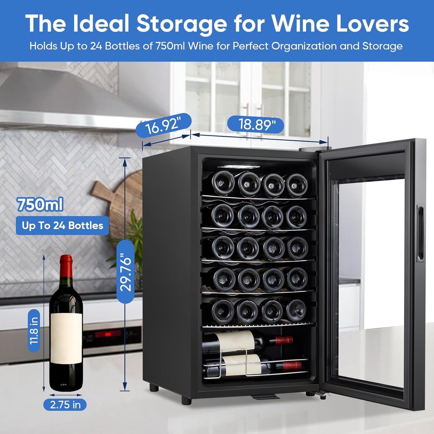 24 Bottle Compressor Wine Cooler Refrigerator with Lock, Freestanding Wine Fridge, 41°F-64°F Digital Temperature Control, Large Wine Cellar for Red, White, Champagne, and Sparkling Wine – Black