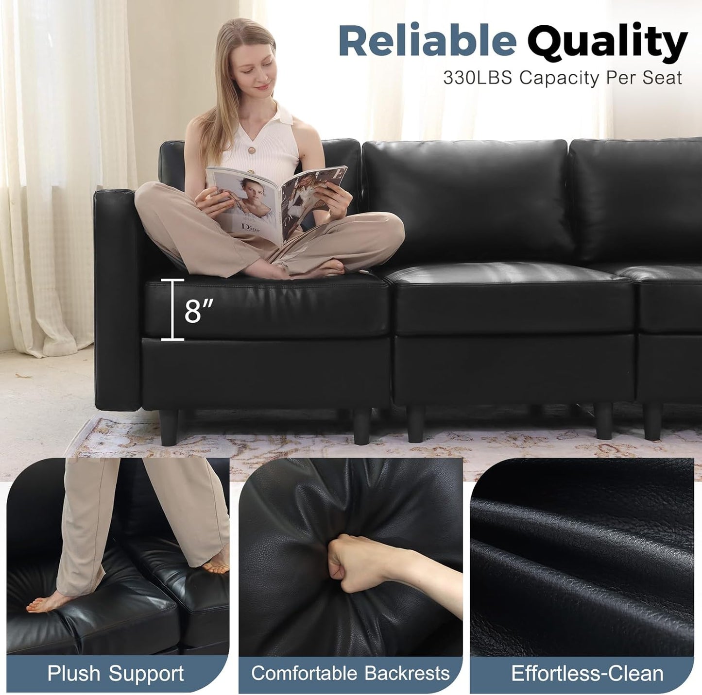118.5" Oversized Modular Sectional Sofa, Faux Leather 6 Seater U Shaped Couch with Movable Ottoman and Storage Seat with Reversible Chaise Deep Seat for Living Room Black