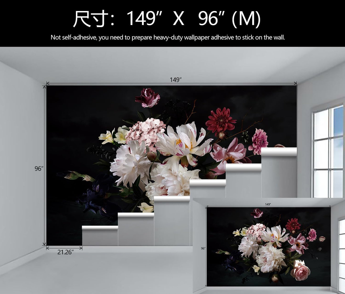 Dark Floral Wallpaper Mural Vintage Peony Flowers Black Background Wall Mural Bedroom (Not Peel and Stick)