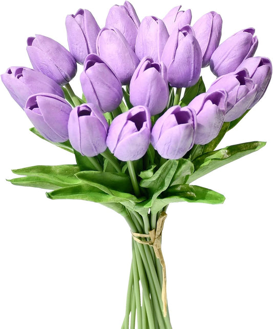 Mandy's Artificial Tulips 20 Stems Lilac PU Faux Flowers for Wedding Home Decor 13.5 Inch