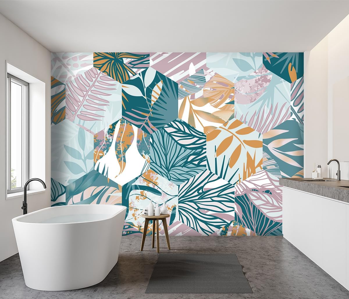 -Abstract Geometry Botanical Banana Leaf Fabric Wallpaper Living Room Bedroom Bathroom Tropical Plant Leaf Large Wall Mural- 160"x108"（ not Peel and Stick）