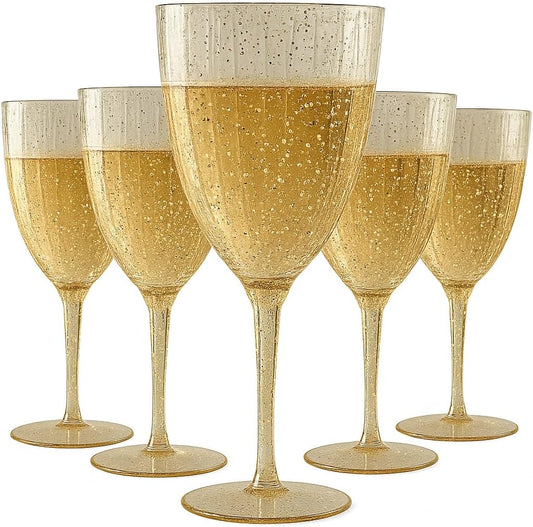 Oojami Elegant Plastic Champagne Flutes - 32 PCS, 7.8oz Disposable & Reusable Wine Glasses - Perfect for Home, Parties, Weddings, Birthdays & Celebrations (32, Gold Glitter)
