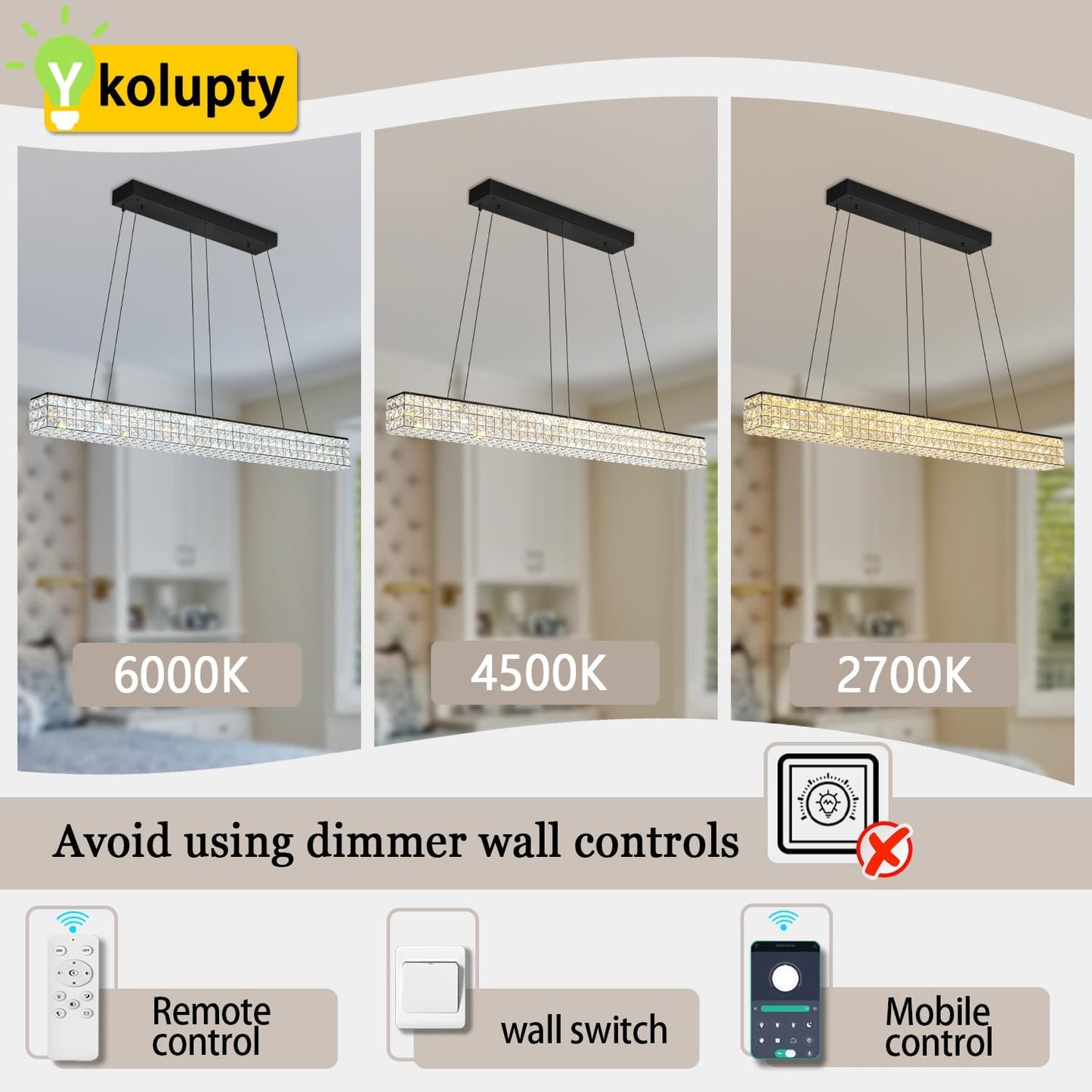 W48 Black Chandeliers for Dining Room, Modern Crystal Pendant Lights Fixture Farmhouse Hanging Dining Light Fixtures for Kitchen Island, Living Room, Bedroom