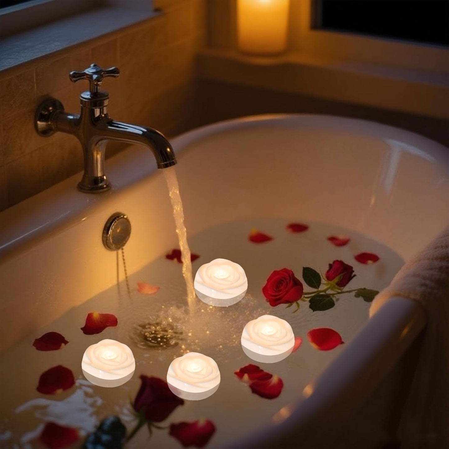 Aignis 24pcs Flameless LED Floating Candles, White Rose Plastic Tealight Battery Operated, 120+ Hours Glow Time, Cozy Light for Romantic Pool/Bathtub/Hot Bath/Wedding Centerpiece Decor(D2.83*H1.42)