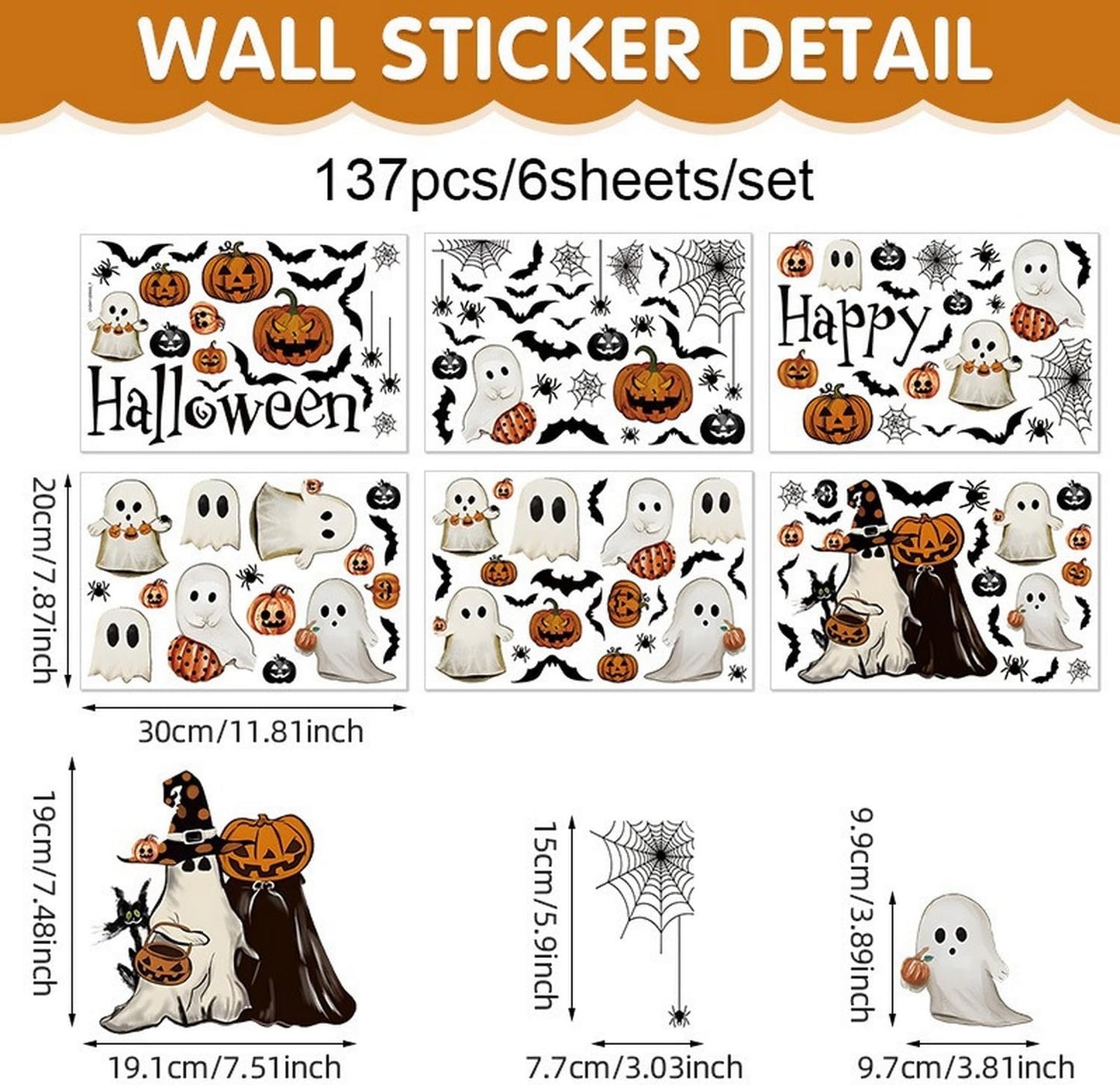 Halloween Ghost Window Clings for Glass 6 Sheets Cute Window Decals Spooky Window Stickers Pumpkin Spider Windows Cling for Halloween Fall Party Home School Office Glass Supplies Decorations