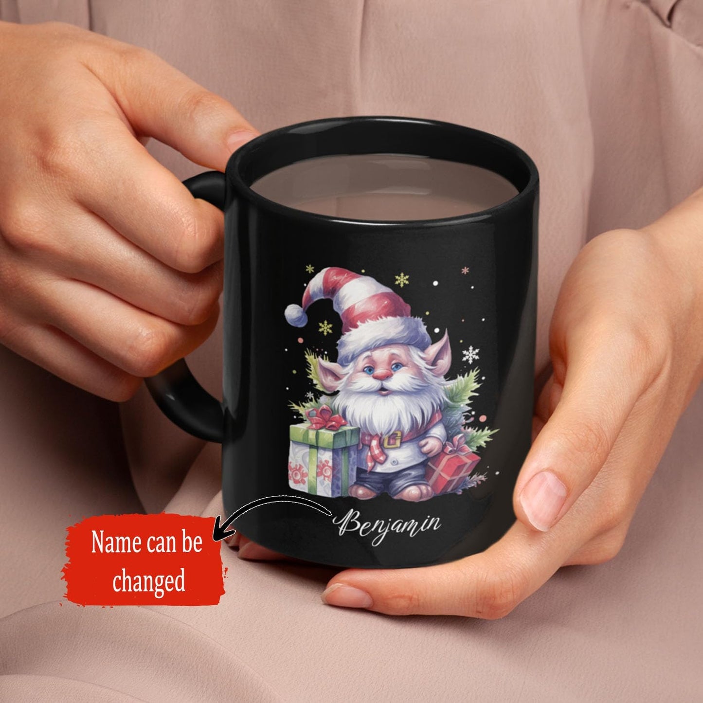 Cute Gnome And Gifts Design Mug, Customized Christmas Gnome Black Cup 11oz 15oz, Gnome Lover Coffee Mug With Custom Name, Gift For Children, Personalized Xmas Gnome Ceramic Cup