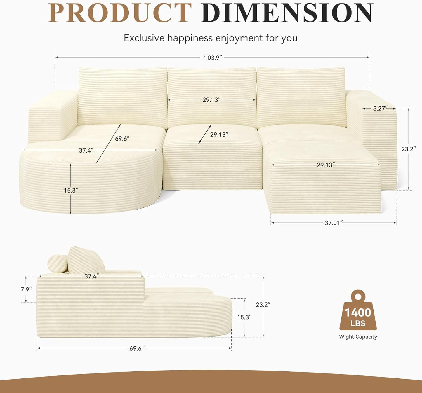 Modular Sectional Sofa with L-Shape Chaise,Cloud Sectional Modern Sleeper Couch with Deep Seat,Sponge Compression Sofas No Assembly Required (Beige-Corduroy Fabric) 1pcs