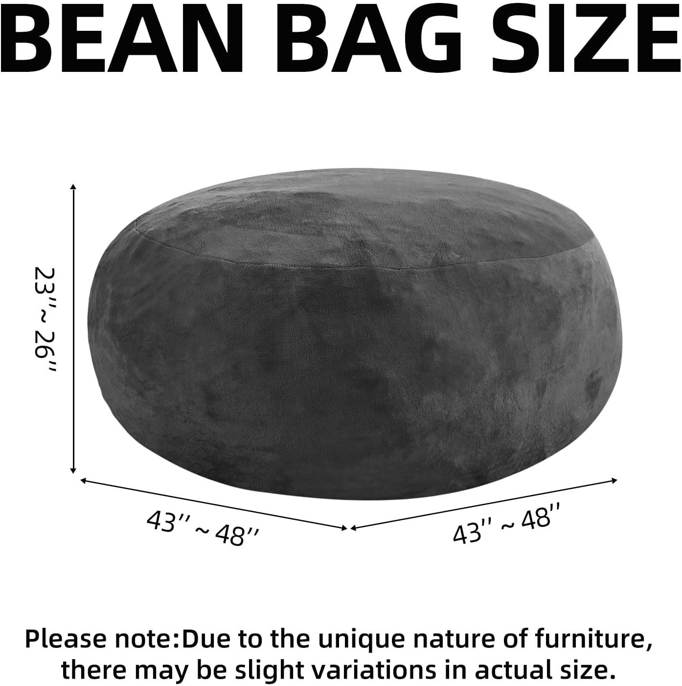 Bean Bag Chair 4Ft, Memory Foam Filled, Large Beanbag Chairs for Adults and Teens, Soft Sofa with Removable Flannel Cover, Round Couch for Living Room Bedroom College Dorm (Dark Gray, 4FT-47×47"×24")