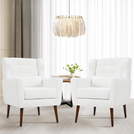 Accent Chair Set of 2, Upholstered Armchair with Pillow, Teddy Single Sofa with Lounge Seat and Wood Legs for Living Room Small Spaces