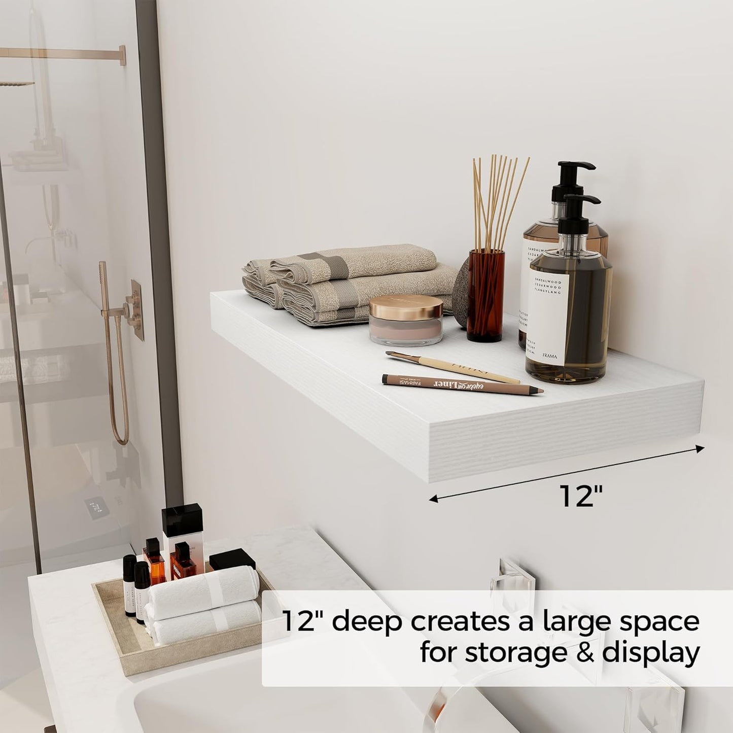 12 Inch Deep White Floating Shelves, 24 x 12 Floating Shelf for Books, Rustic Wood Deep Wall Shelves for Home Storage & Display, 2" Thicked Shelves for Kitchen, Living Room, Bedroom, 2 Pack