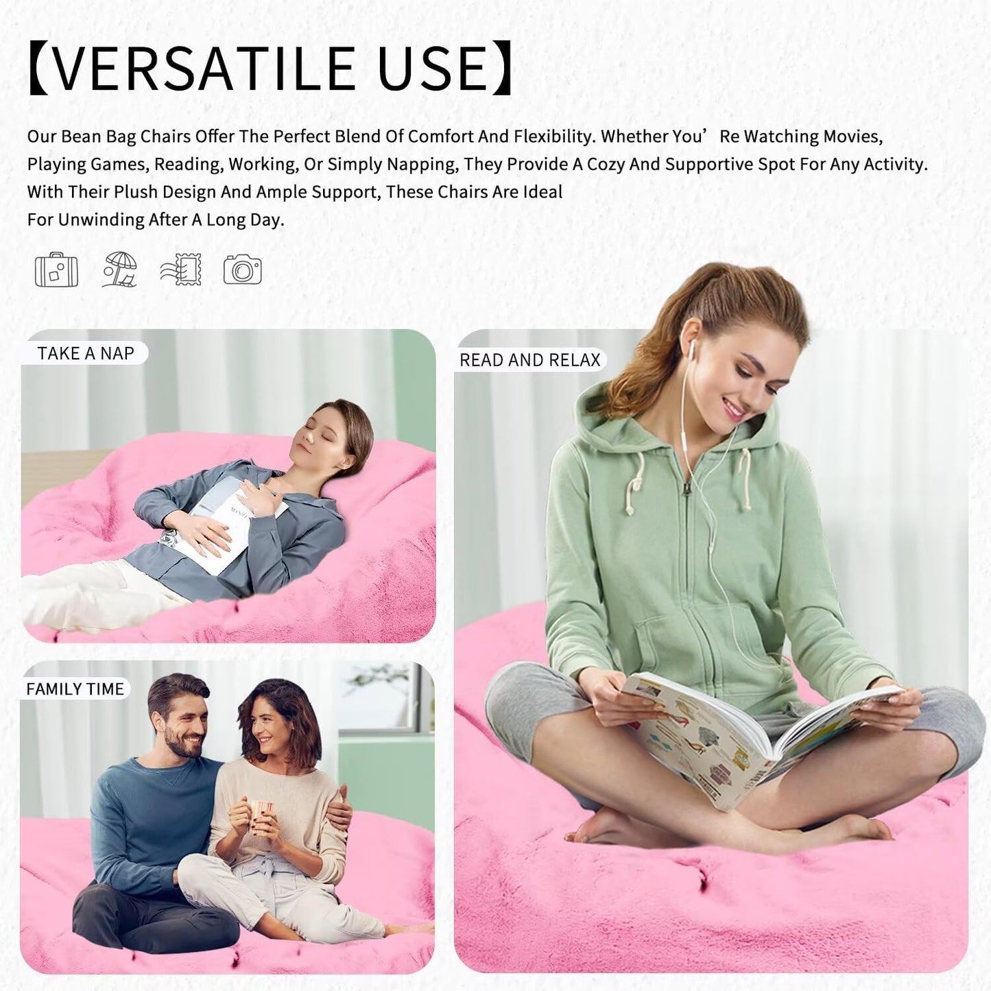 Bean Bag Chair for Adults 6FT,Soft Removable Cover for Teens/Girls Bedroom,Fluffy Giant Round Floor Beanbag Lounger Chairs (No Filler,Pink)