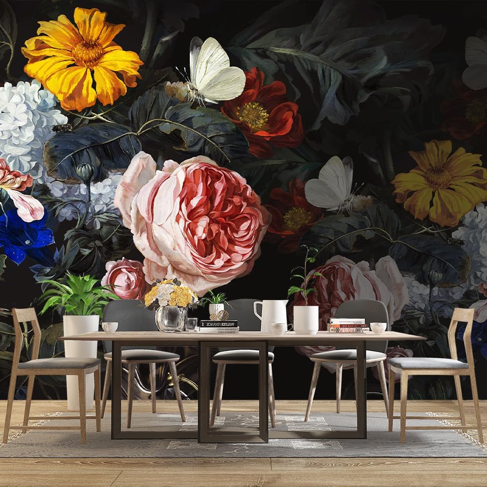 Vintage Black Flowers Mural Bedroom Peony Floral Wallpaper Room Decor Living Room tv Background Large Wall Mural - 137"x96" (Not Peel and Stick)