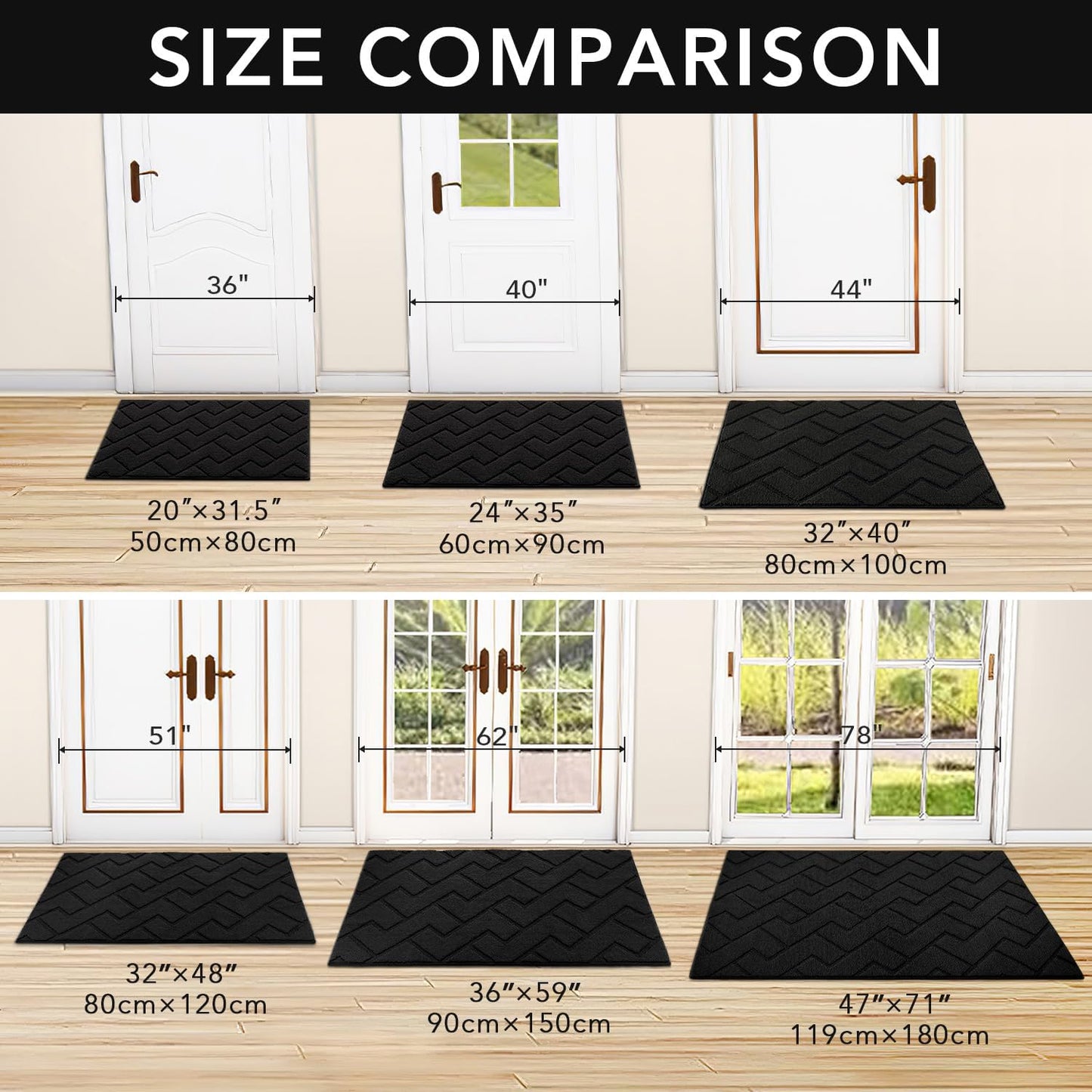 hicorfe Indoor Doormat,Front Back Door Mat TPR Backing Non Slip Mats 20"x31.5" Absorbent Resist Dirt Entrance Doormat Inside Floor for Entryway Washable Low-Profile (Black)