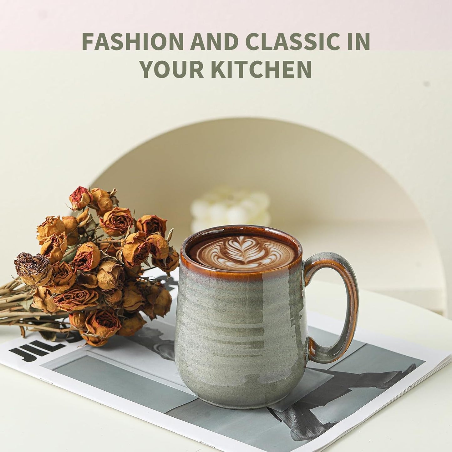 Hasense Coffee Mugs Set of 4, 12 oz Coffee Cups Ceramic, Stoneware Latte Mug with Large Handle for Coffee, Tea, Milk and Chocolate,Easy Hold & Clean, Dishwasher & Microwave Safe, Light Grey