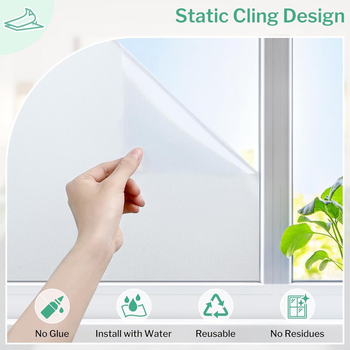 DOWELL Window Privacy Film, Frosted Glass Window Film, Static Cling Non-Adhesive Glass Clings, Sun Blocking Opaque Coverings, Reusable Door Stickers for Bathroom Home Office, Pure, 17.5"x157.5"