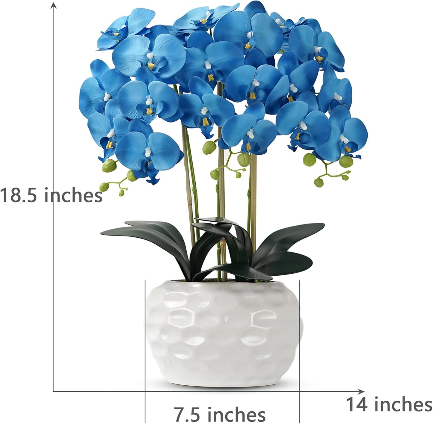 Orchid Artificial Flowers with White Vase Large Silk Faux Phalaenopsis Flowers for Dining Room Table Floral Centerpieces Indoor Decoration,Blue