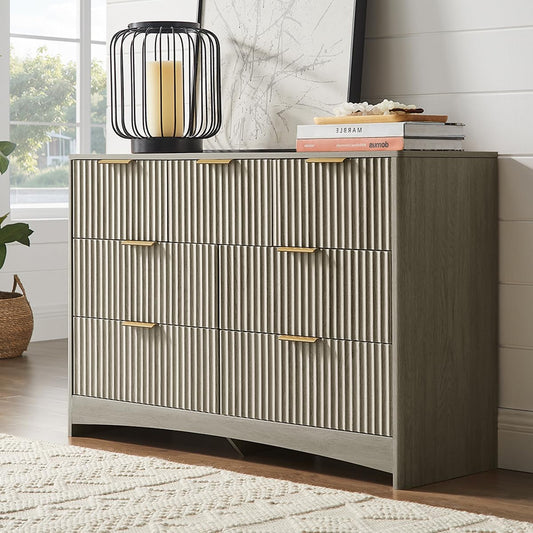 Pipishell Fluted 7 Drawers Dresser for Bedroom, 47" Wooden Drawers with Metal Handle, Dressers with Round Corner Design, Closet Storage Organizer for Bedroom, Hallway, Grey
