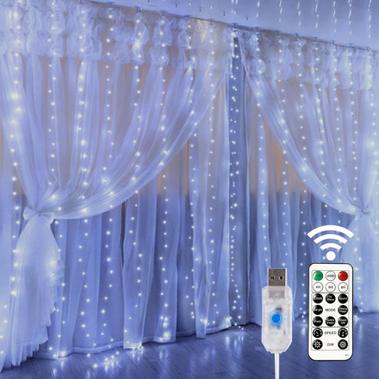 HOME LIGHTING Window Curtain String Lights, 300 LED 8 Lighting Modes Fairy Copper Light with Remote, USB Powered Waterproof for Christmas Bedroom Party Wedding Home Garden Wall Decorations, Cool White