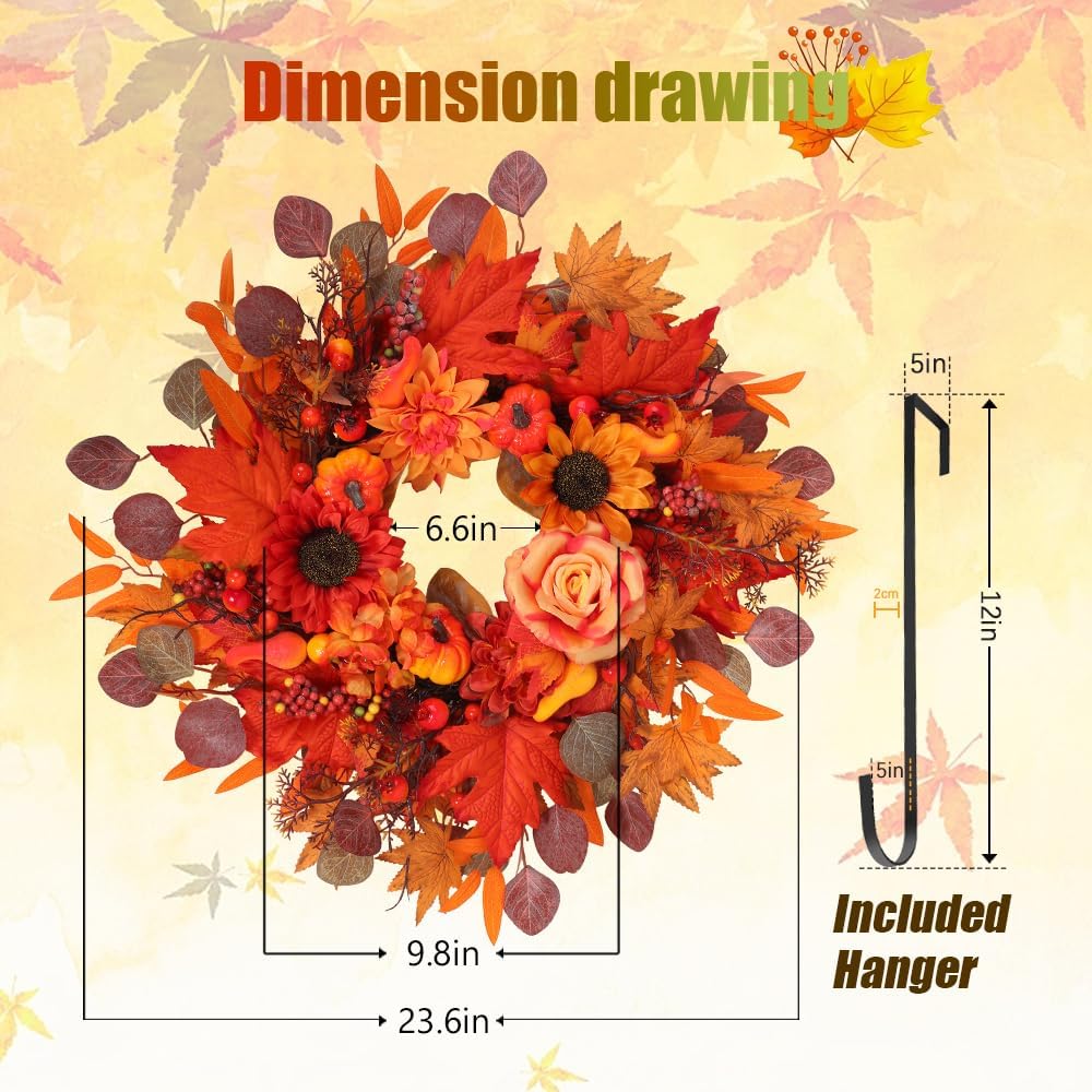 24" Fall Wreath for Front Door Outside - Sunflower, Pumpkin, Berry & Maple Leaves | Weatherproof Autumn Outdoor Wreaths with Hanger Hook for Thanksgiving, Harvest