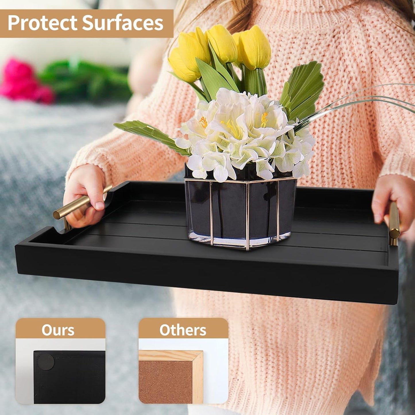 Coffee Table Trays - Large Ottoman Tray for Living Room - Wood Serving Trays with Handles(2 Sets) - Wooden Tray for Coffee Table, 4 Round Coasters Included, Black