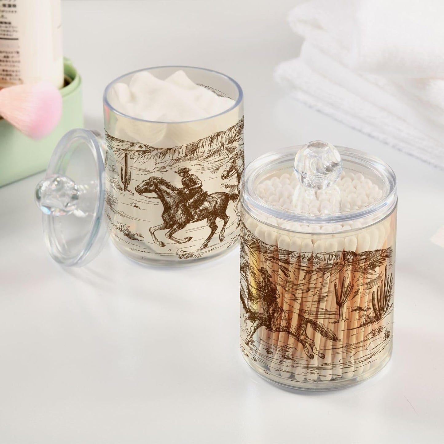 2 Pack Qtip Holder Organizer Dispenser Western Desert Cowboy Bathroom Storage Canister Cotton Ball Holder Container for Cotton Swabs/Pads/Floss