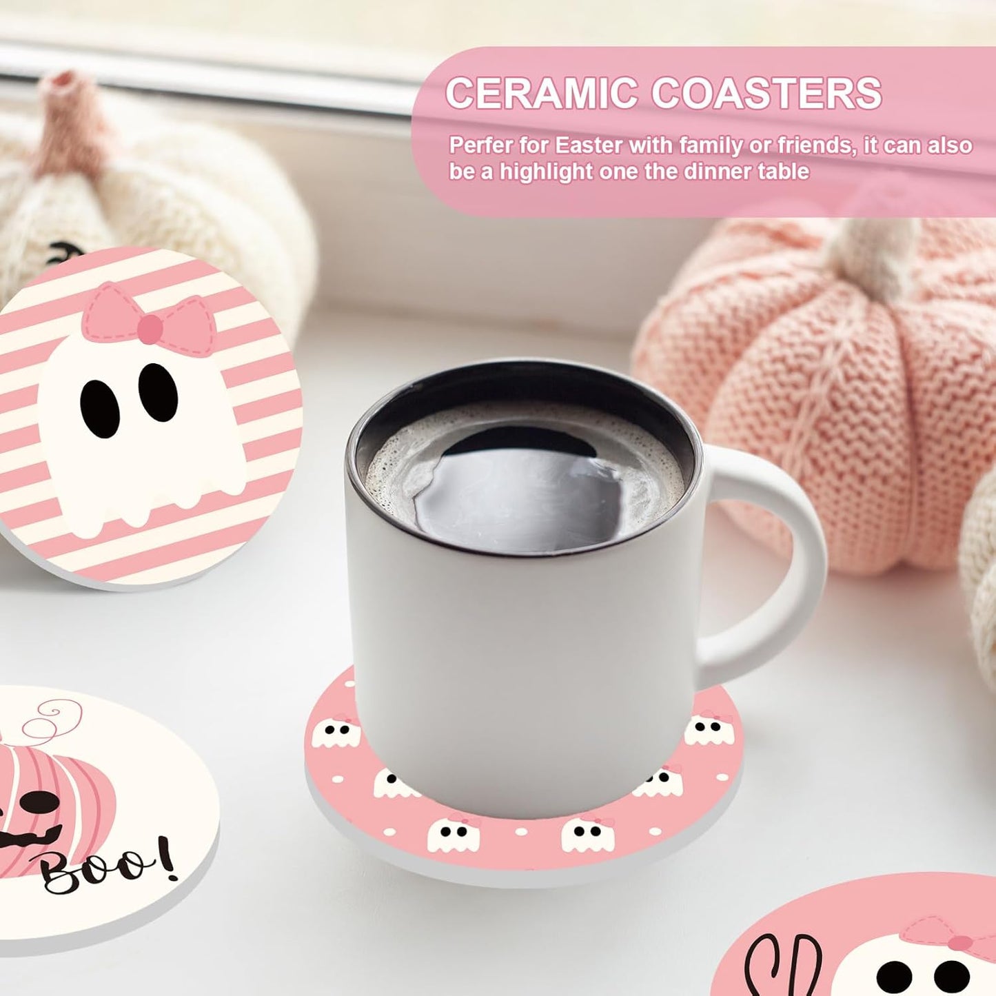 Whaline 4Pcs Halloween Ceramic Coasters Pink Ghost Pumpkin Drink Coasters Absorbent Cup Mat for Mug Cup Home Kitchen Party Table Decor