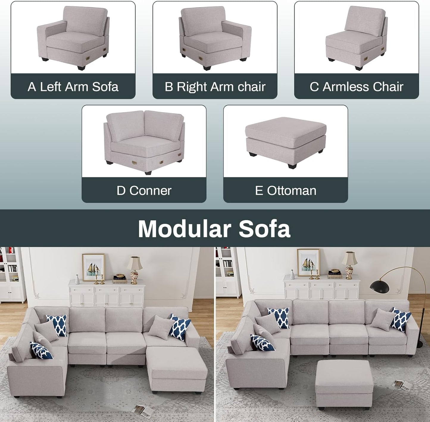 L Lengend Vansen Modular Sectional Sofa U Shaped Couch with Ottoman Modern Reversible Corner Sectional Couch for Living Room (Light Grey, U Shaped Sofa-1)