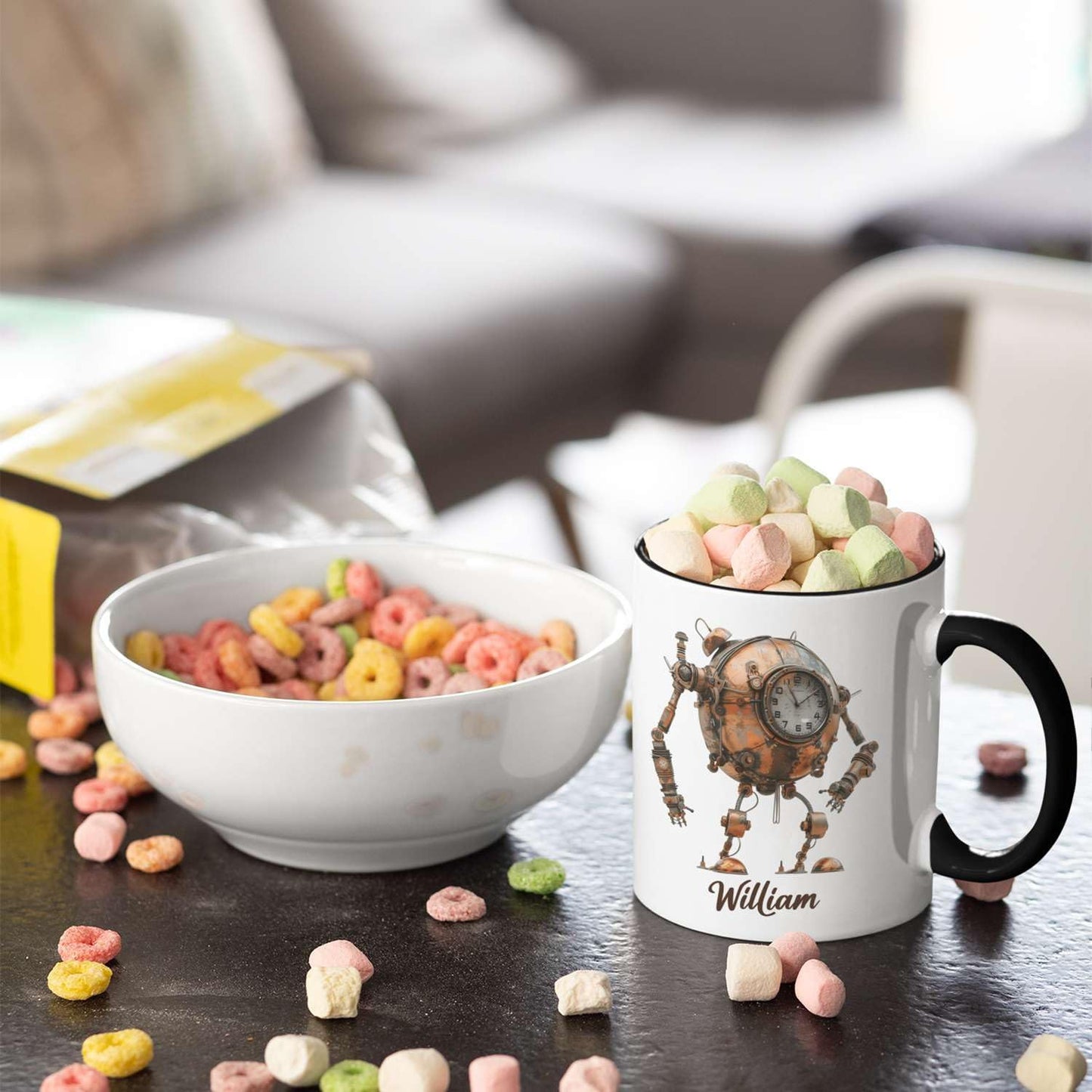 Steampunk Robot Coffee Mug With Custom Name, Customized Mechanical Themed Design Ceramic Cup, Steampunk Enthusiasts White Cup 11oz Or 15oz, Personalized Mug Gift For Daughter Son