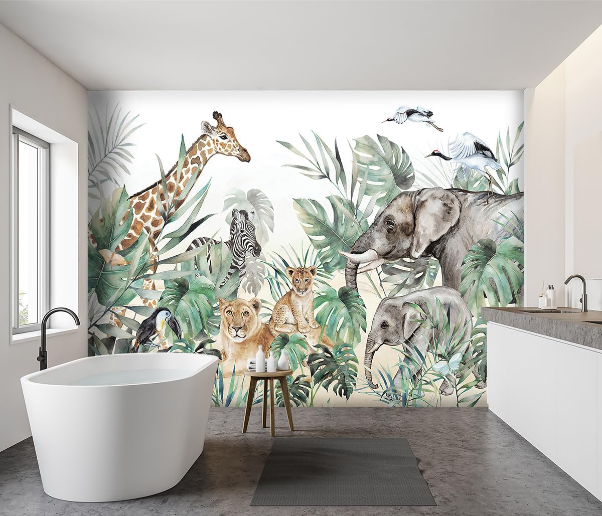 -Tropical Rainforest Plants Animals Tigers Fabric Wallpaper Jungle Plants Banana Leaves Boys Girls Kindergarten Children Bedroom Large Mural- 91"x65"（ not Peel and Stick）