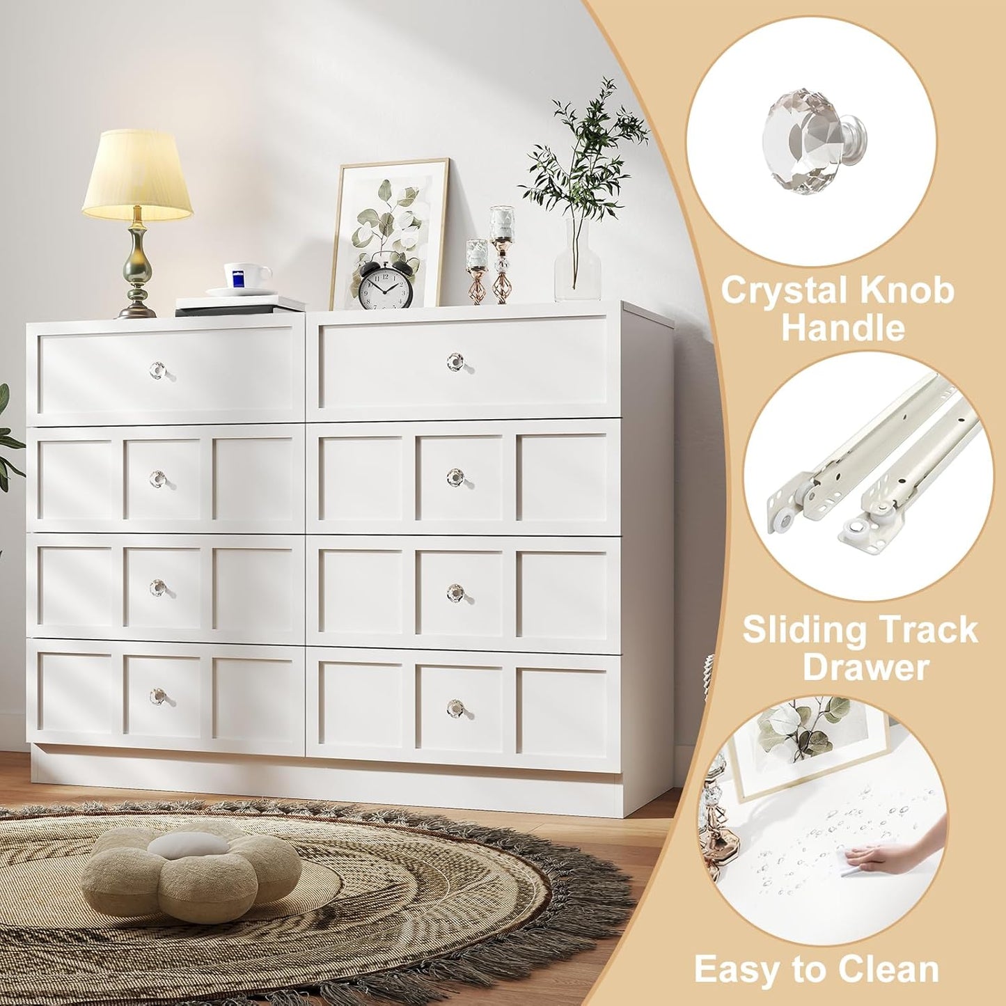 Wood Dresser for Bedroom 8 Drawer: 47" White Chest of Drawers Wood, Modern Fluted Cabinet with Sturdy Storage, Wide Aesthetic Furniture for Room Organization