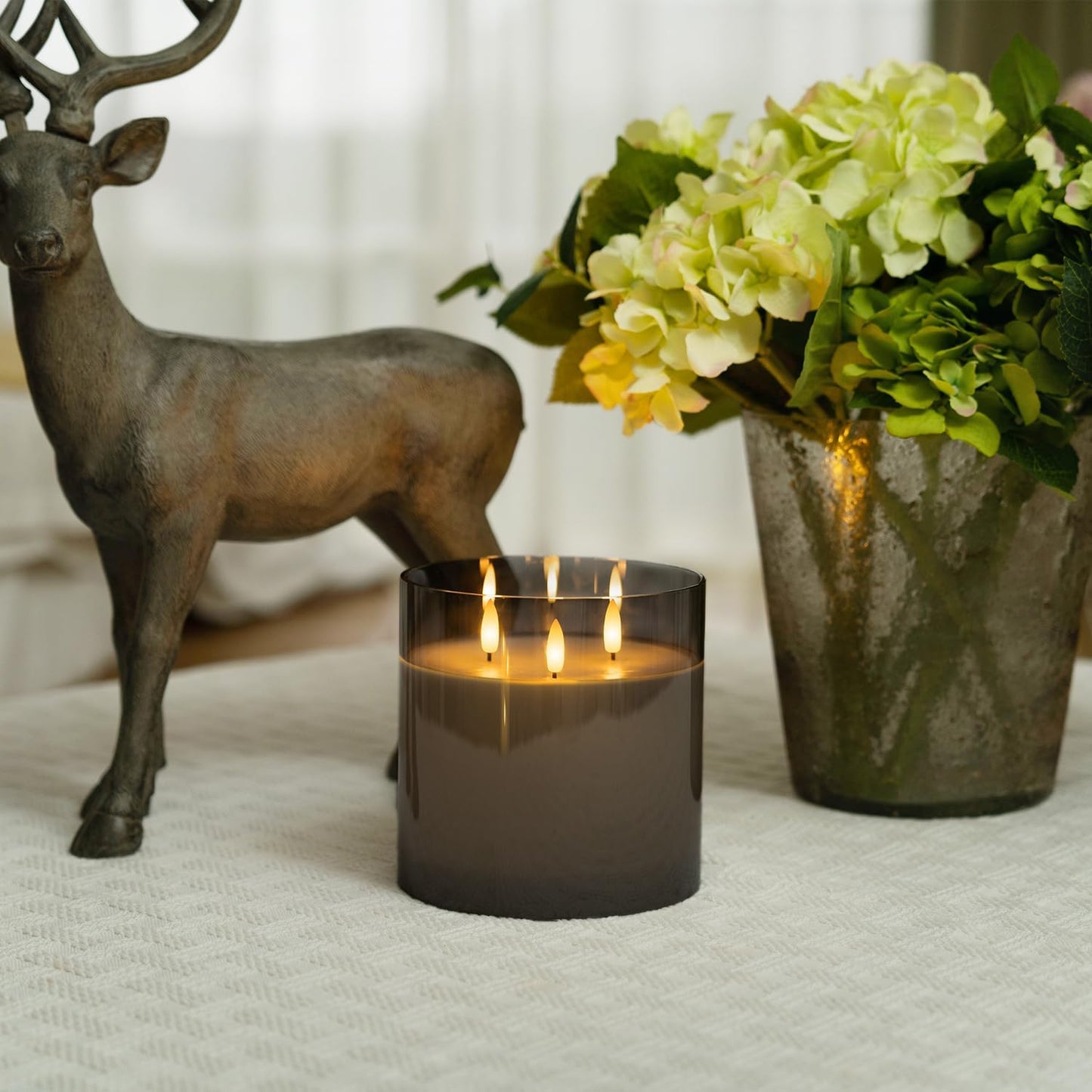 Homemory 6X6'' Extra Large Flameless Candle with 3 Wicks, Glass LED Pillar Candle, Real Wax Battery Operated Candle with Remote Control and Timer, Grey