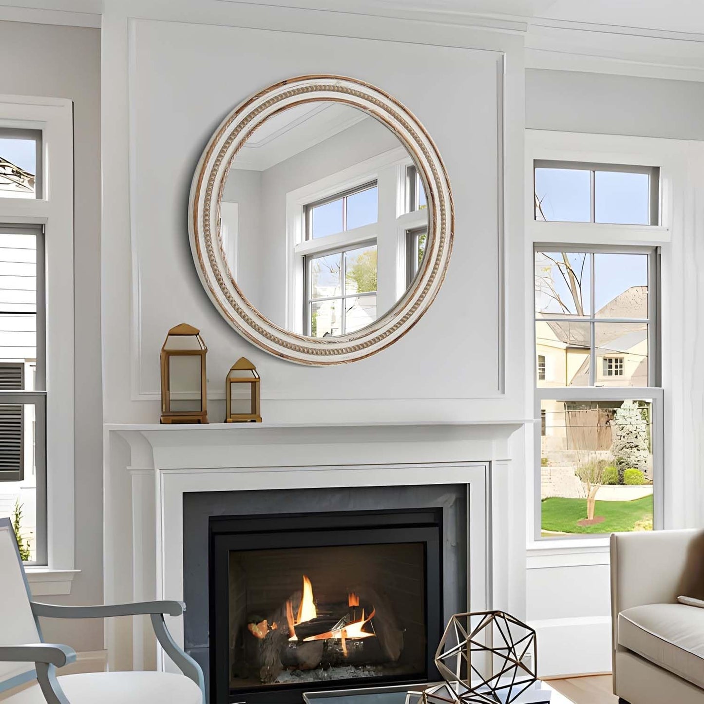 24 Inch Round Mirror - Distressed Vintage Farmhouse Mirror for Bathroom Wall, Living Room, Bedroom & Entryway, Handmade Wood Frame