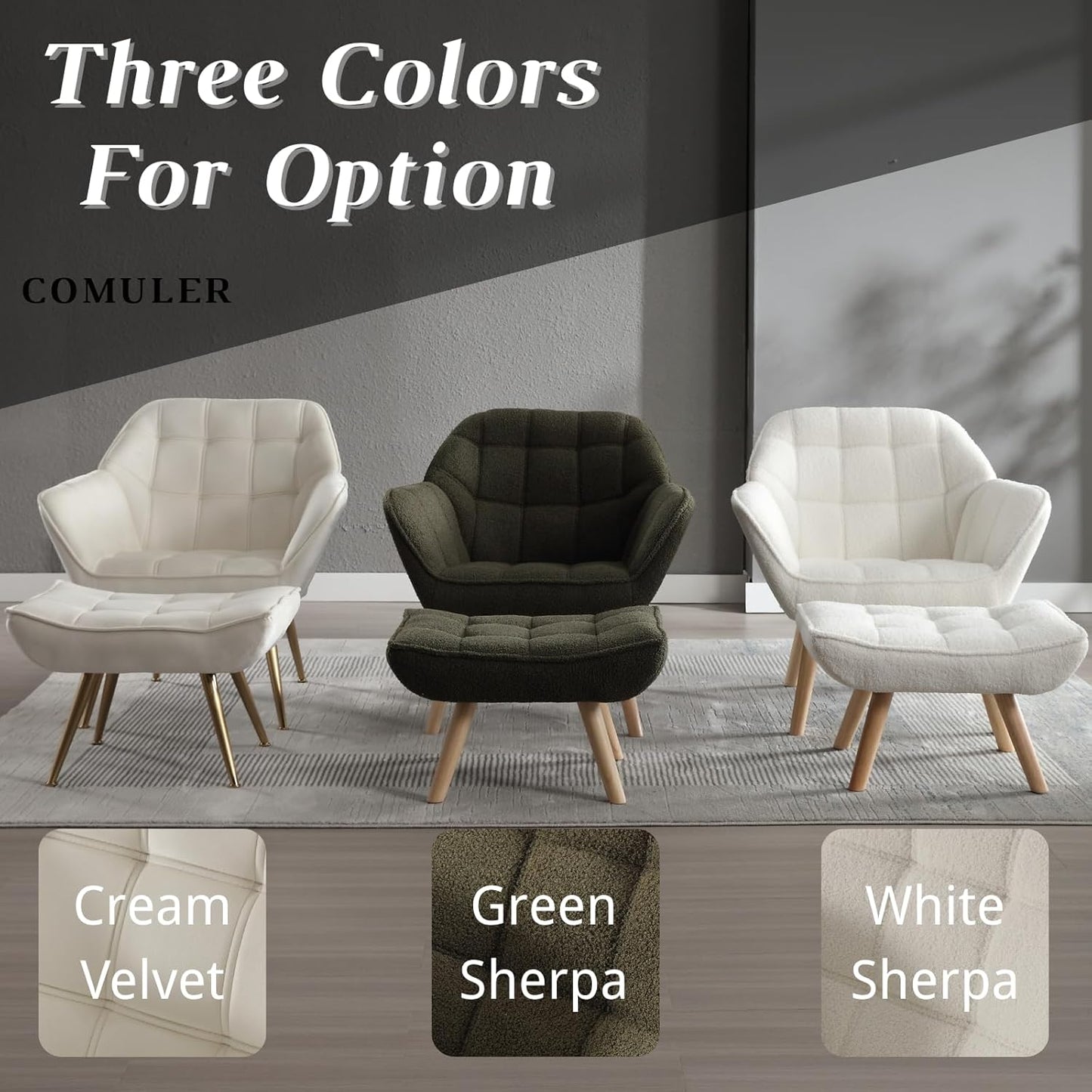 Green Sherpa Accent Chair with Ottoman ，Modern Reading Chair with Ottoman Set, Comfy Fuzzy Armchair Living Room Chair Lounge Chair with Wood Legs for Small Spaces Bedroom Apartment