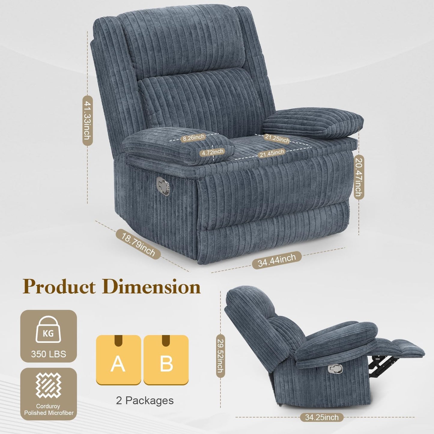 Recliner Chair for Adults, Oversized Manual Pull Tab Reclining Chair, 2-Tier Cushions, Minimalist Style Single Sofa for Living Room, RV (Corduroy)