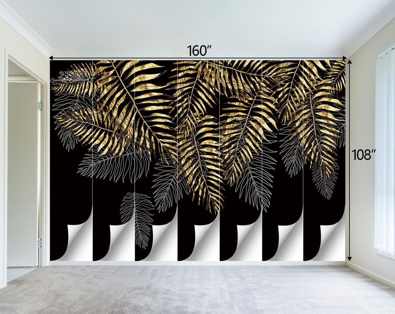 Black and Gold Leaf Mural Bedroom Tropical Botanical Wallpaper Room Plant Decor Living Room tv Background Large Wall Mural - 160"x108" (Not Peel and Stick)
