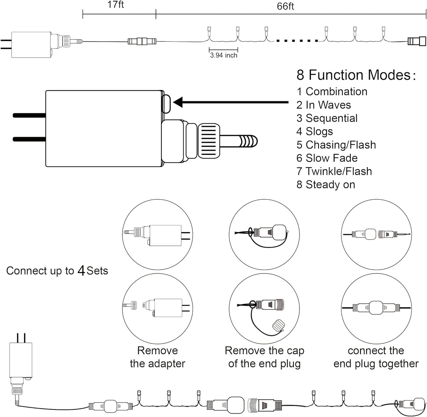 HOME LIGHTING 66ft Christmas Decorative Mini Lights, 200 LED Green Wire Fairy Starry String Lights Plug in, 8 Lighting Modes, for Indoor Outdoor Xmas Tree Wedding Party Decoration (White)