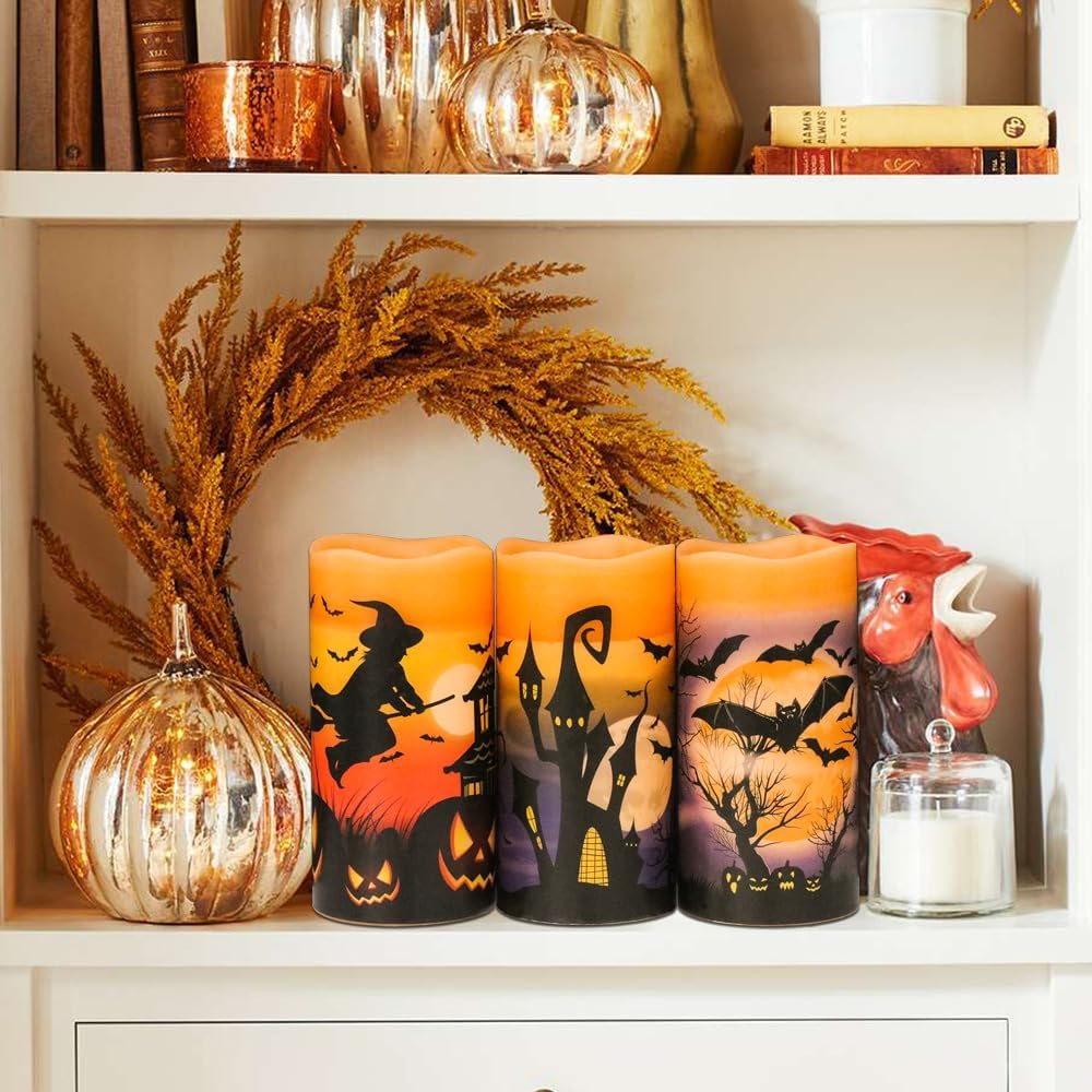 Wondise Halloween Flameless Flickering Candles with 6hrs Timer, Battery Operated Candles with Halloween Decals Real Wax LED Pillar Candles for Halloween Home Table Decor (3 x 6 Inches), Orange