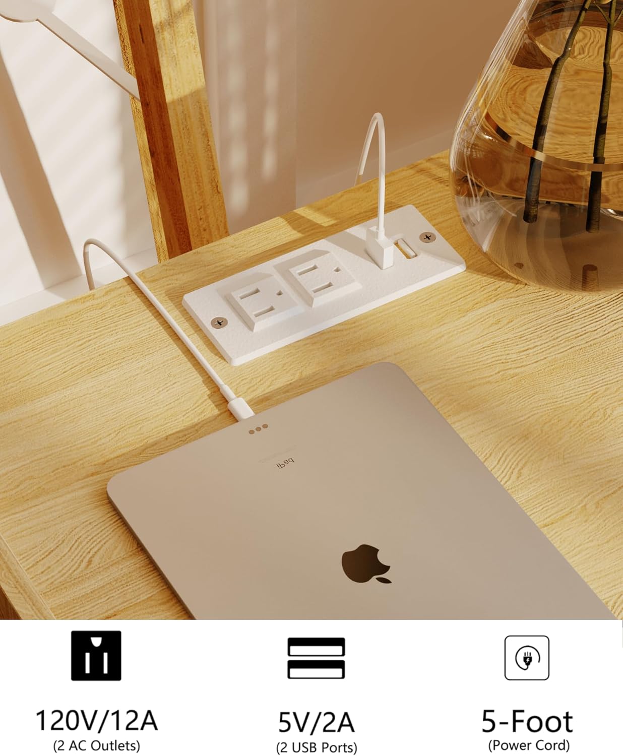 Rattan Nightstand with Outlet,Modern Bedside Table with Storage Drawer and Open Wood Shelf, for Living Room, Bedroom and Small Spaces, Accent Night Stand with Solid Wood Legs,Yellow Oak